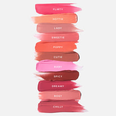 Saie Dew Liquid Blush buildable color from sheer to deeper tones.