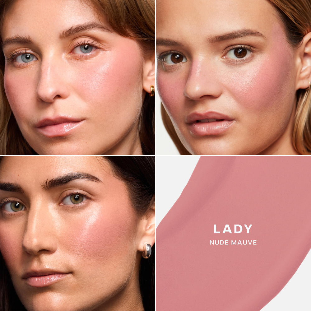 Saie Dew Liquid Blush color swatches on skin show buildable glow.