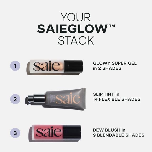 Glass bottle catches light to enhance a dewy complexion with Saie Dew Blush.