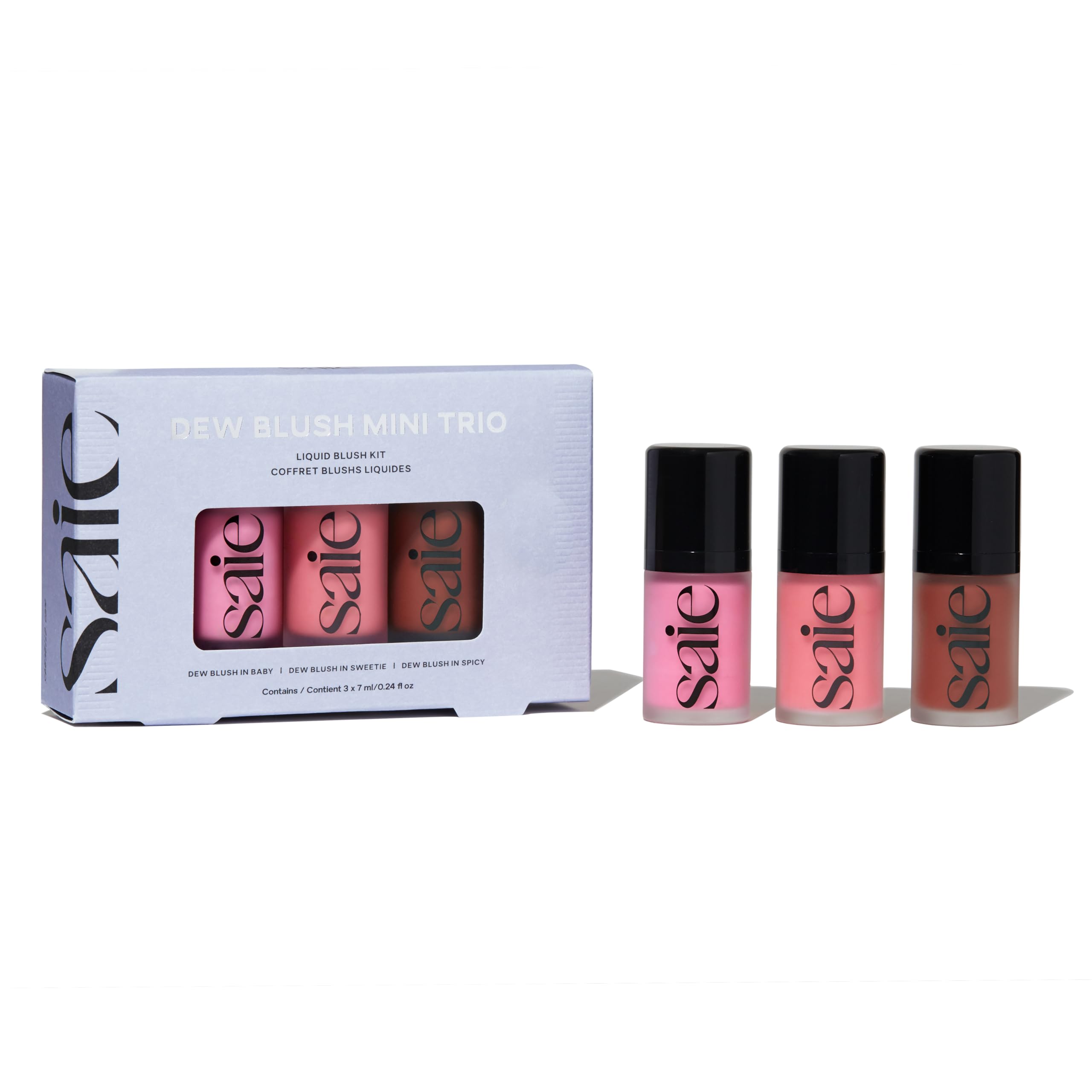 Saie Dew Liquid Blush Trio packaging shows portable design for on-the-go touch-ups.