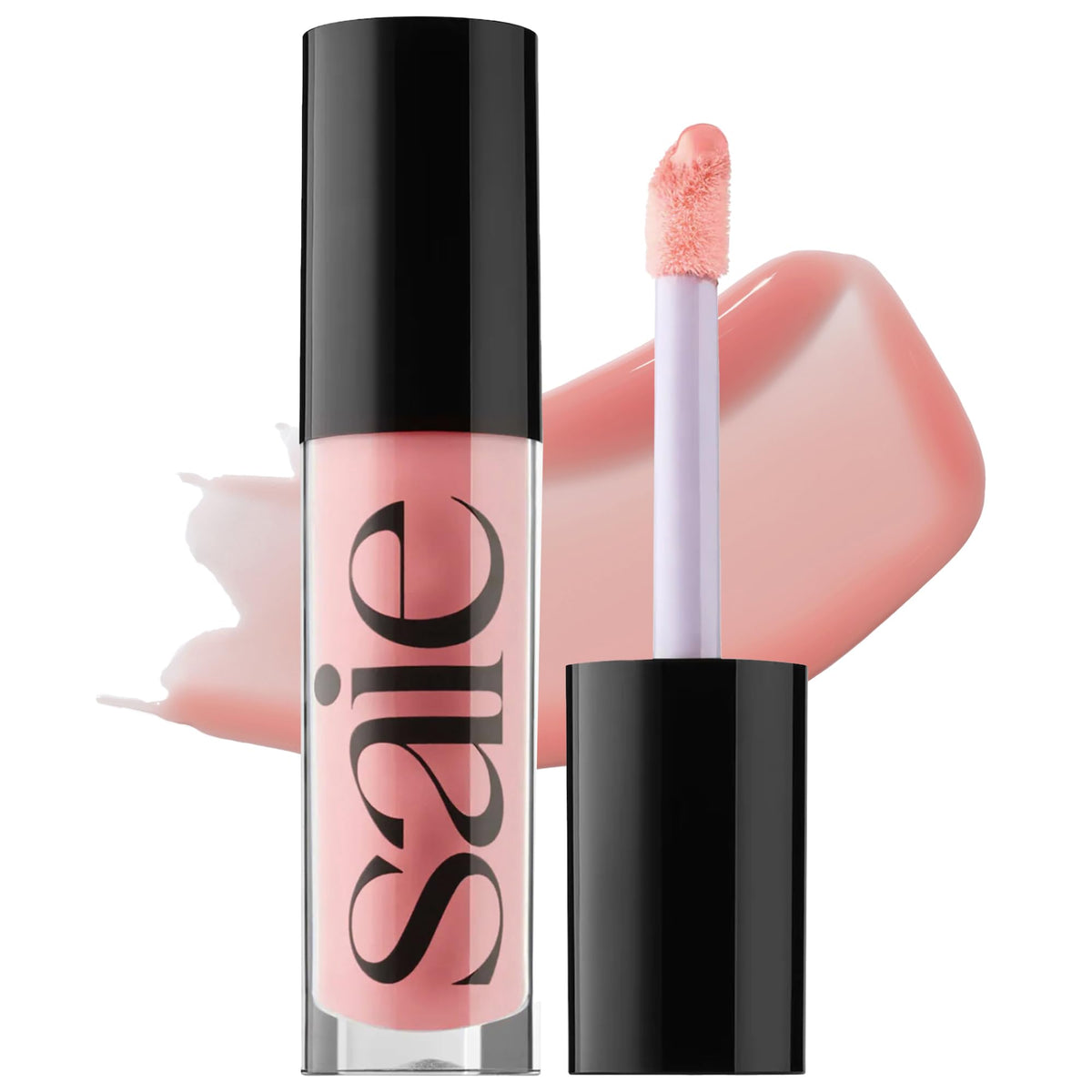 Saie Glossybounce Bubble close-up shows cushiony shine on hydrated lips.