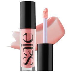 Saie Glossybounce Bubble close-up shows cushiony shine on hydrated lips.