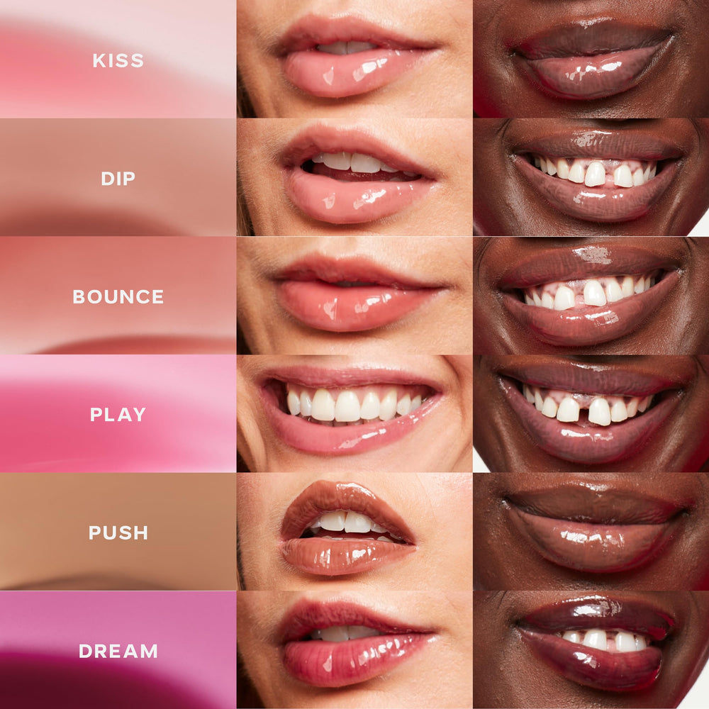 Saie GlossyBounce ingredients highlight hyaluronic acid and jojoba oils in use.