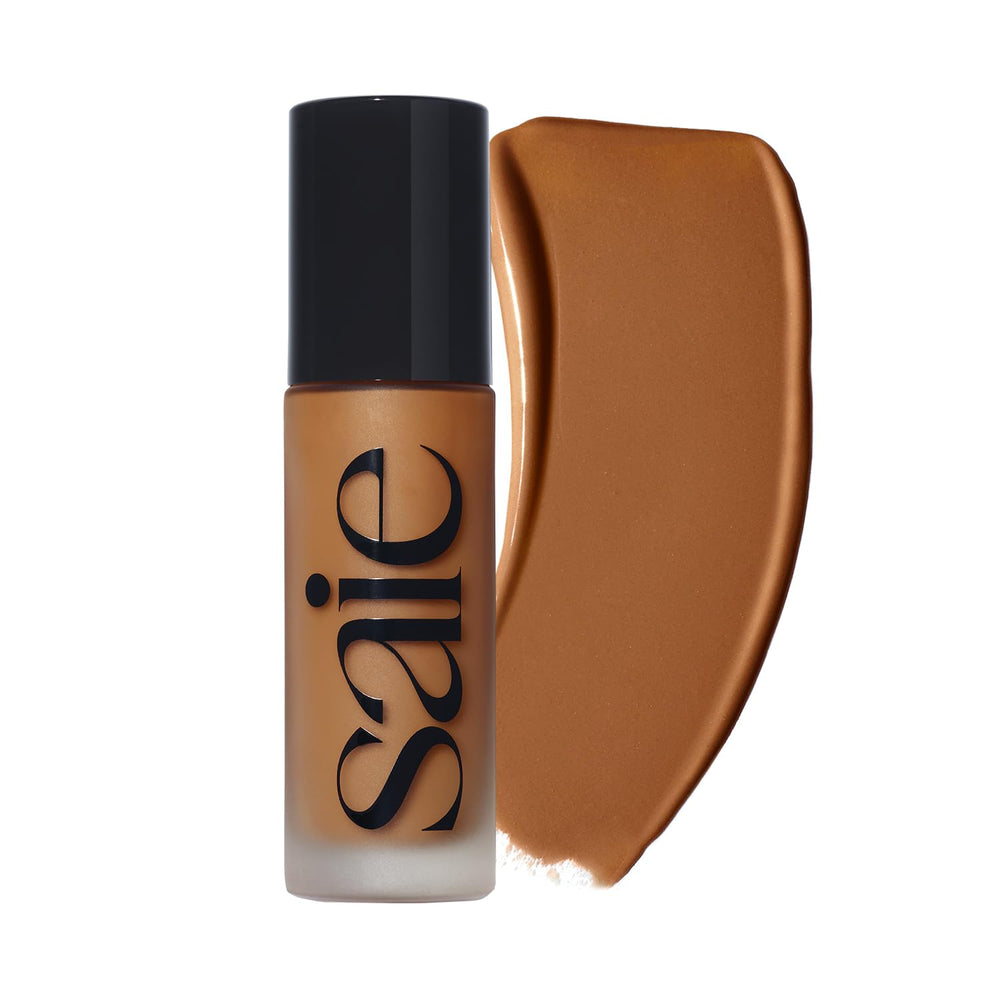 Saie Glowy Super Skin Tint bottle with pump for easy, mess-free dispensing.