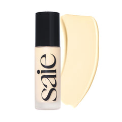 Saie Glowy Super Skin Tint bottle with pump for weightless hydration.
