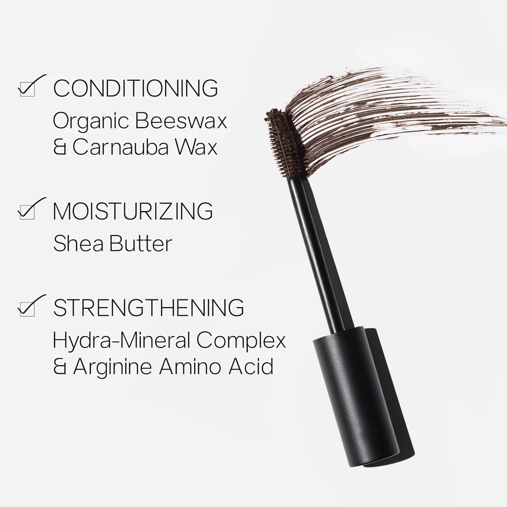 Saie Mascara 101 close-up highlights conditioning formula and waxes
