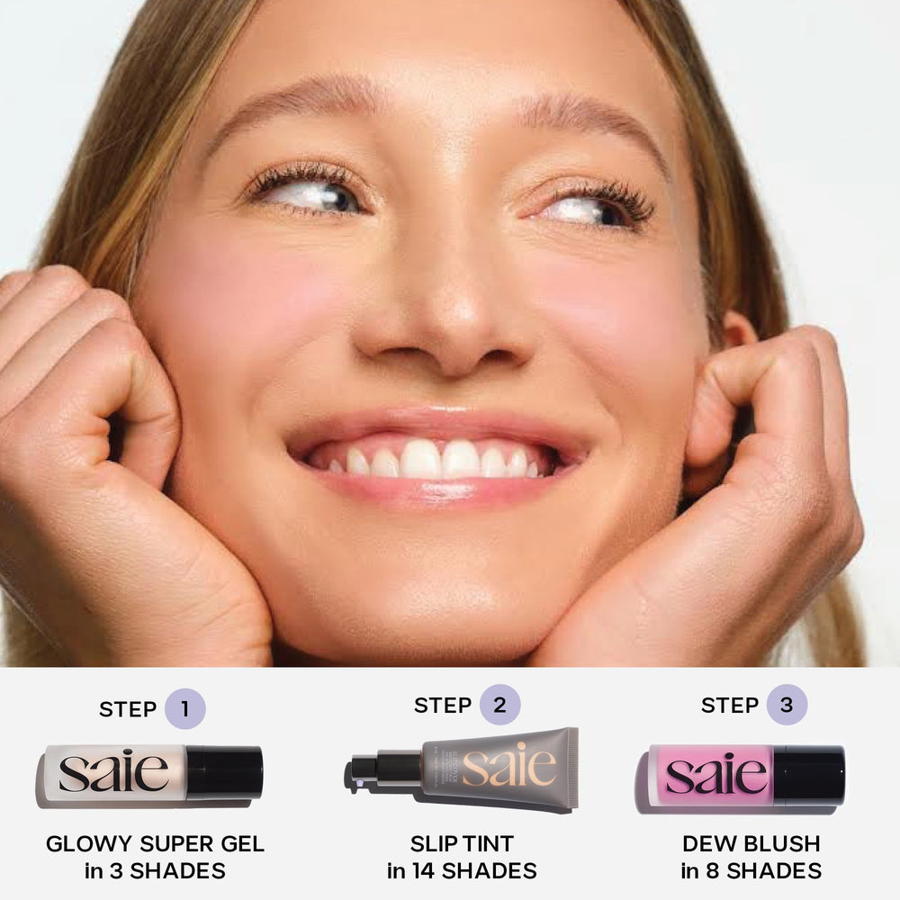 Saie Mini Glowy Super Gel cheek application reveals subtle luminosity.