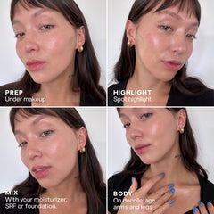 Saie Mini Glowy Super Gel décolleté glow on the collarbone area.
