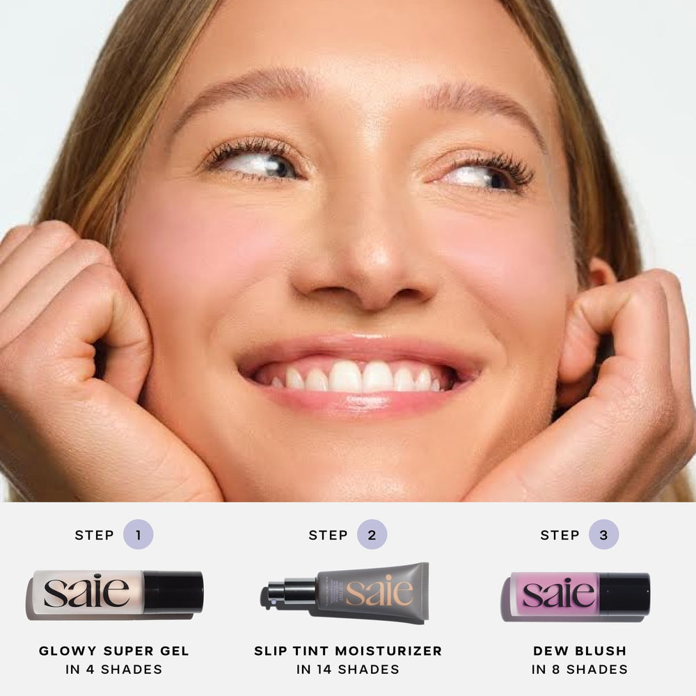 Saie Mini Glowy Super Gel mix into foundation for a soft glow.