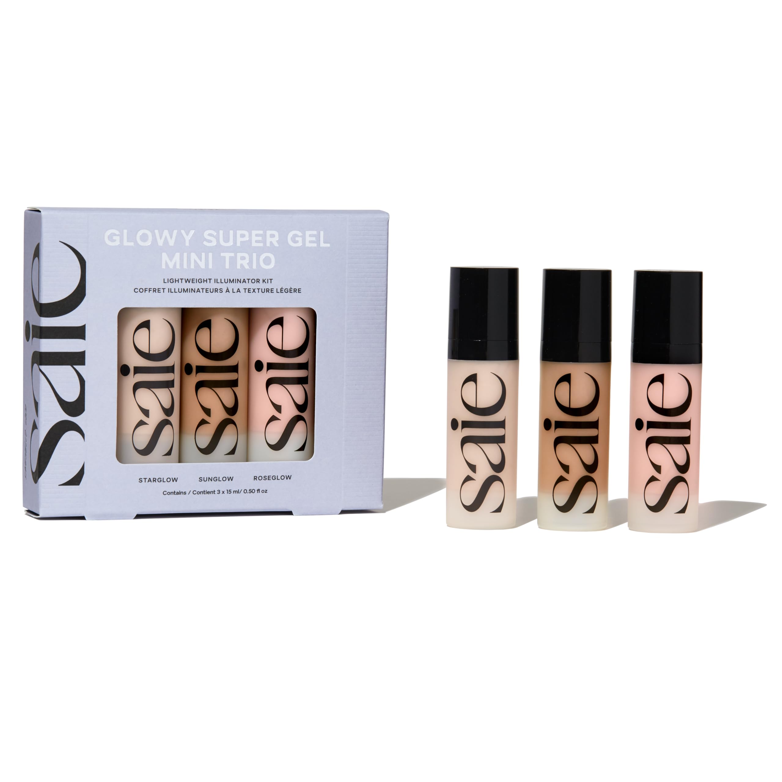 Saie Mini Glowy Super Gel Starglow bottle for a lightweight radiant finish.