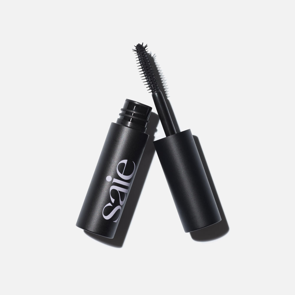 Saie Mini Mascara101 close-up bottle highlights conditioning formula.