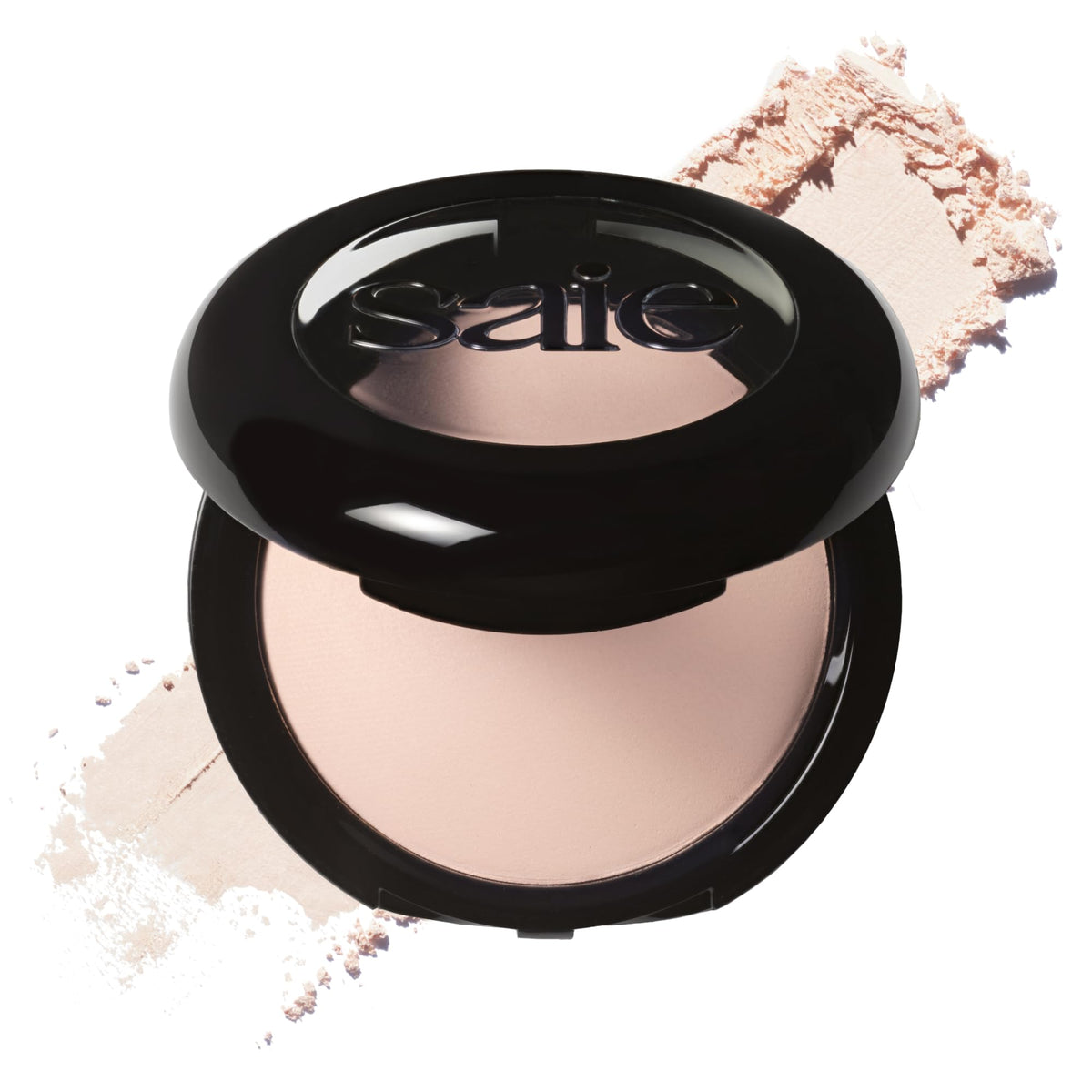 Saie Slip Tint Baked Setting Powder pan close-up highlights a seamless, skin-like blur.