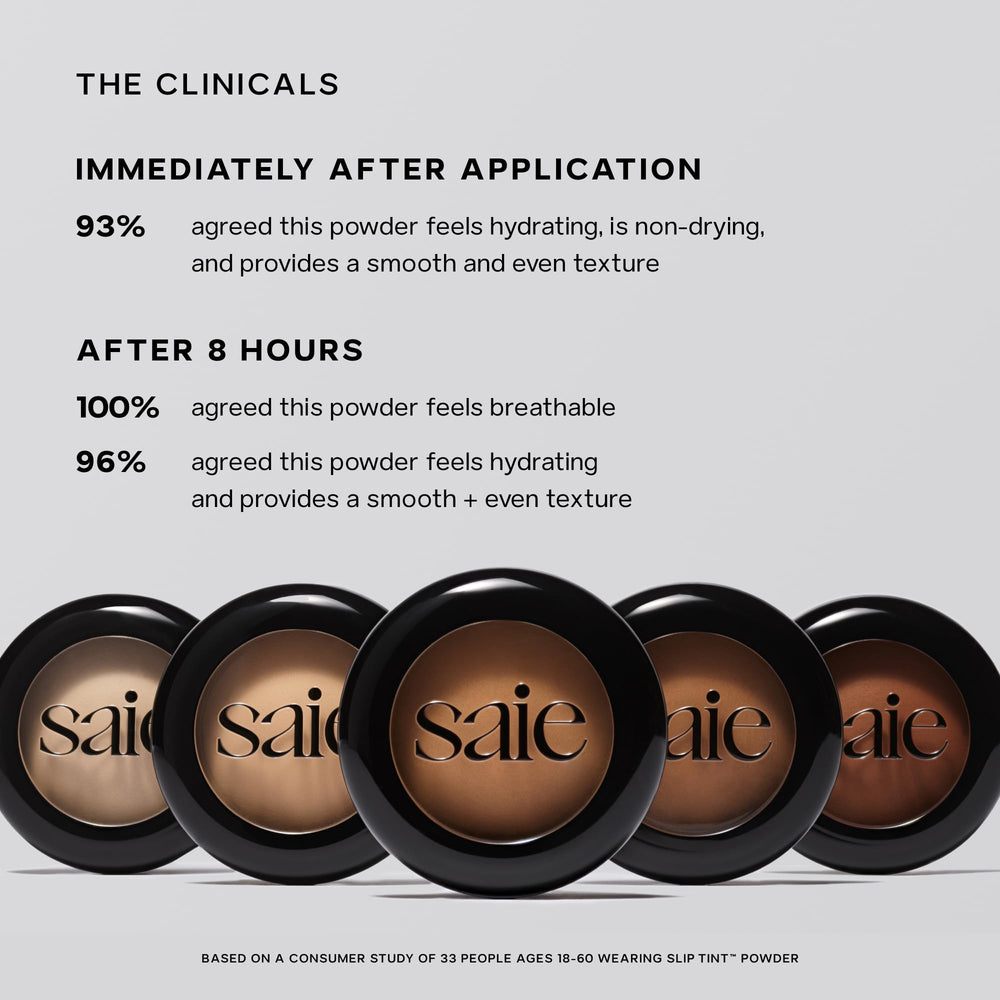 Saie Slip Tint translucent powder offers a skin-like radiance without heaviness.