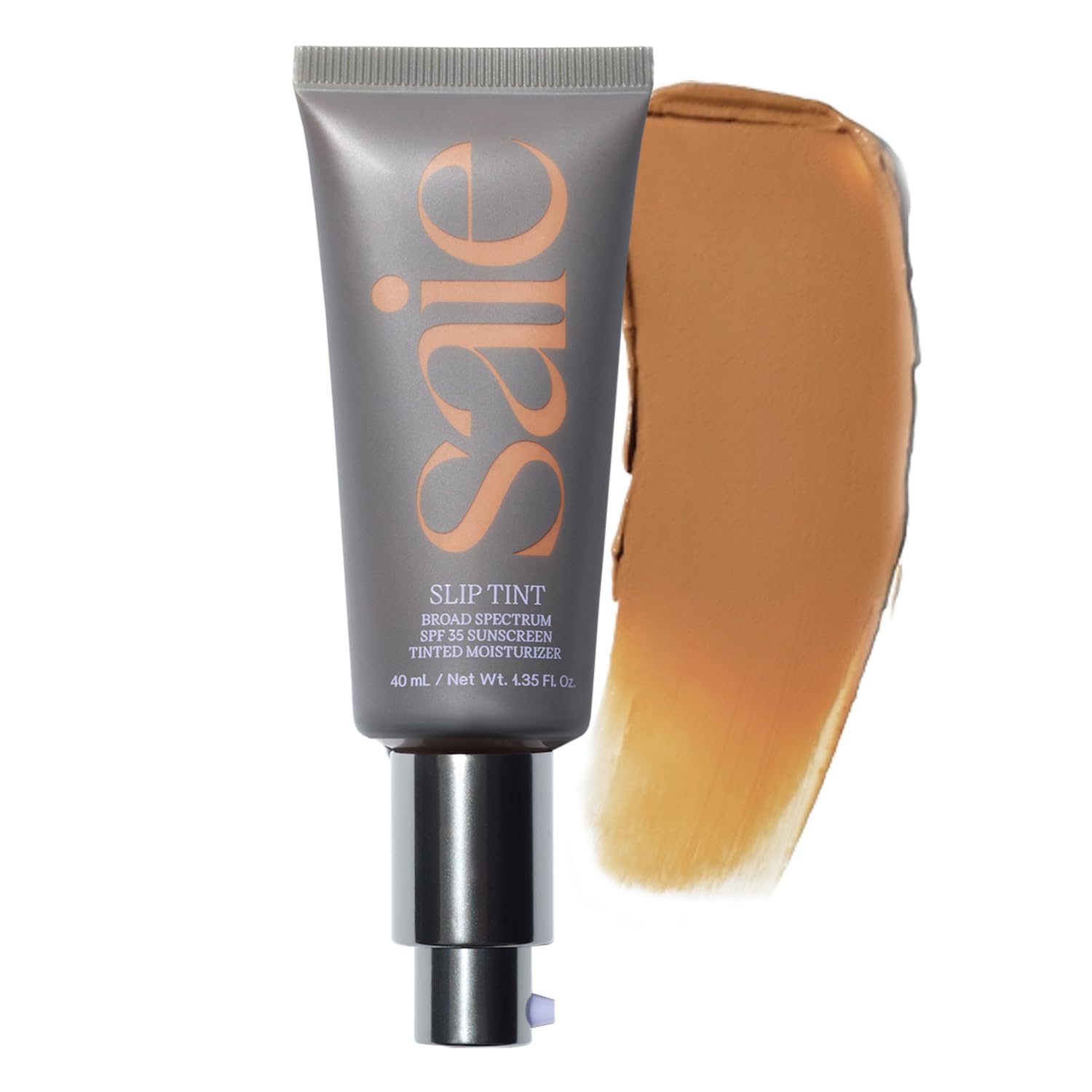 Saie Slip Tint bottle close-up showing SPF 35 mineral protection for daily wear.