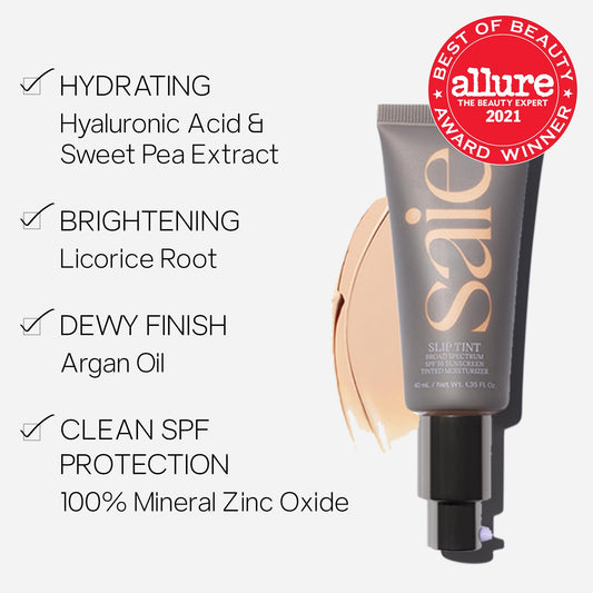 Saie Slip Tint swatch on medium golden skin for natural radiance