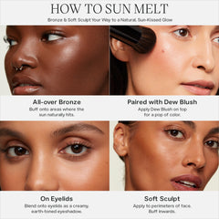 Saie Sun Melt on cheekbones delivers a sun-kissed sheen with subtle contour.