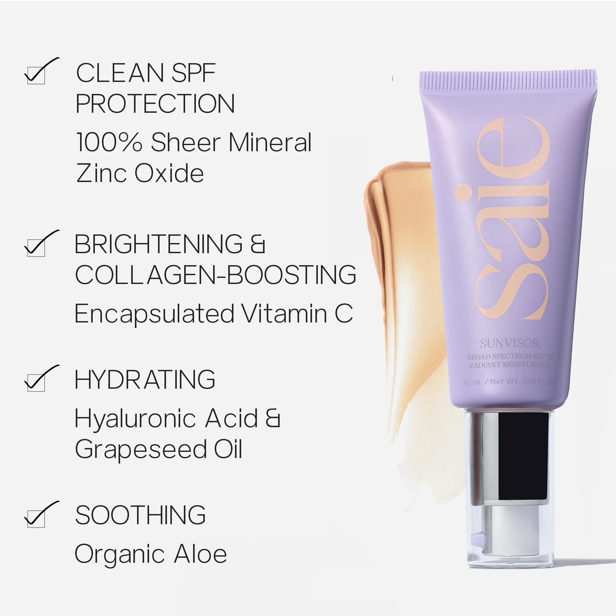 Saie Sunvisor golden pearl glow—radiant, dewy finish on skin.