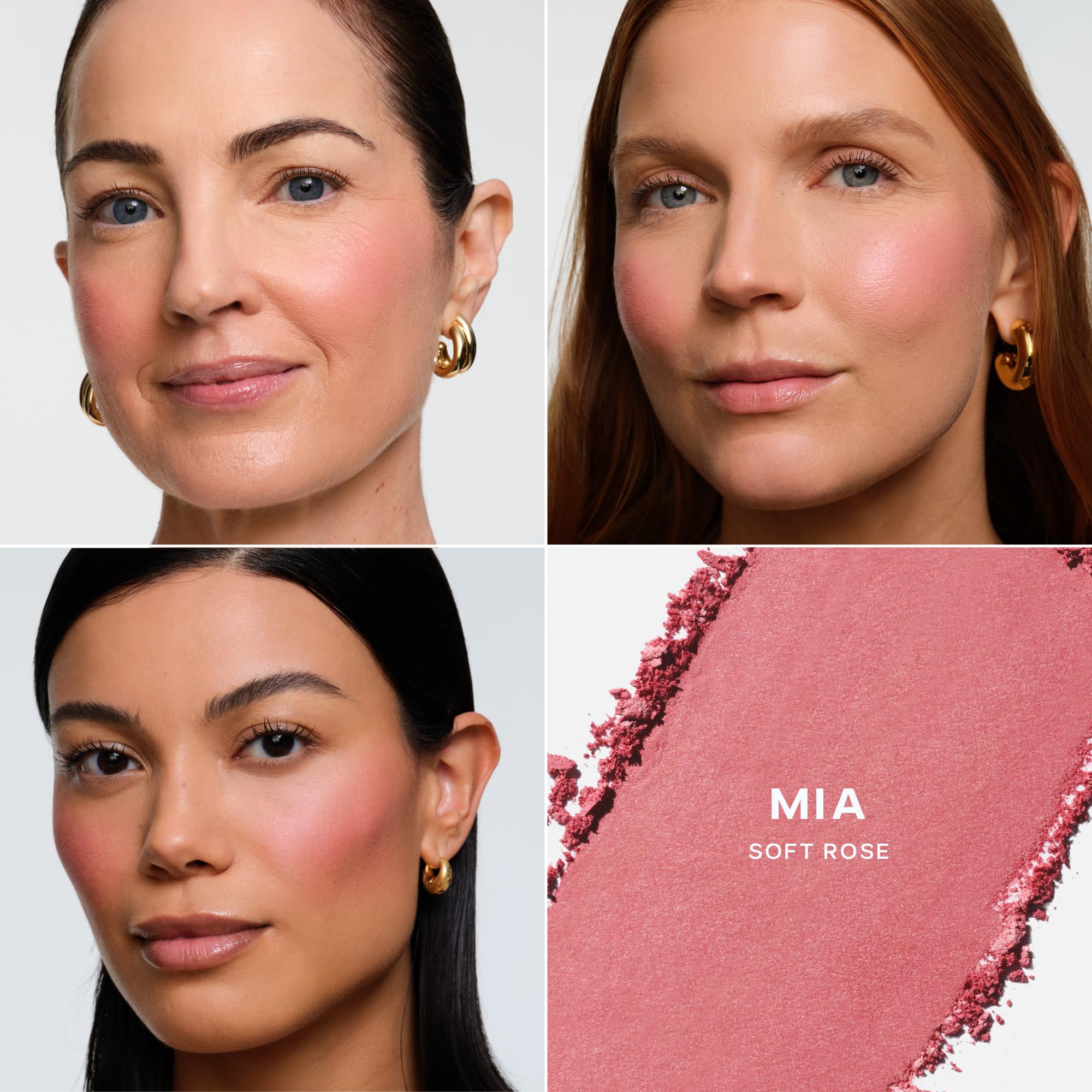 Saie SuperSuede Baked Blush Mia on apples of cheeks for a natural flush