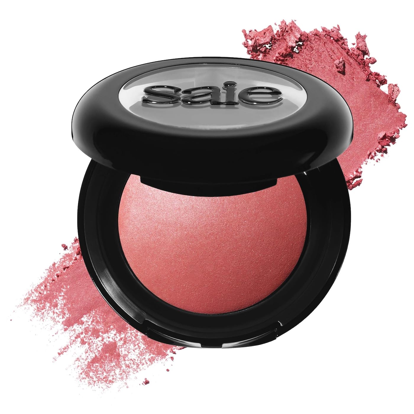 Saie SuperSuede Baked Blush Mia packaging close-up; travel-friendly compact for easy touch-ups