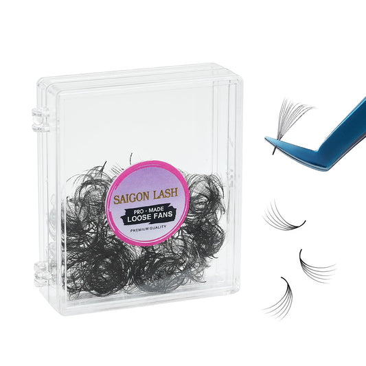 SAIGON LASH 500pcs narrow promade loose fans close-up, showing precise 10D volume for pro lash artistry