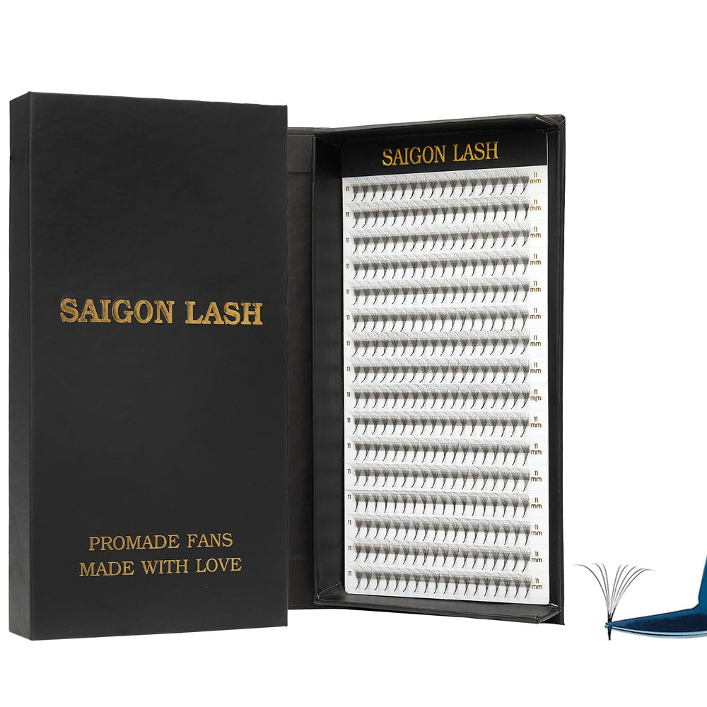 Saigon Lash wispy promade fans closeup showing 3D to 8D options for dramatic lash sets.
