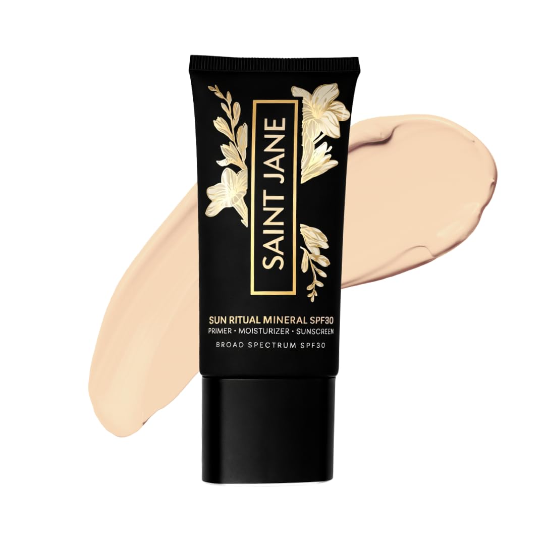 SAINT JANE Sun Ritual SPF 30 bottle closeup for luxury mineral protection.