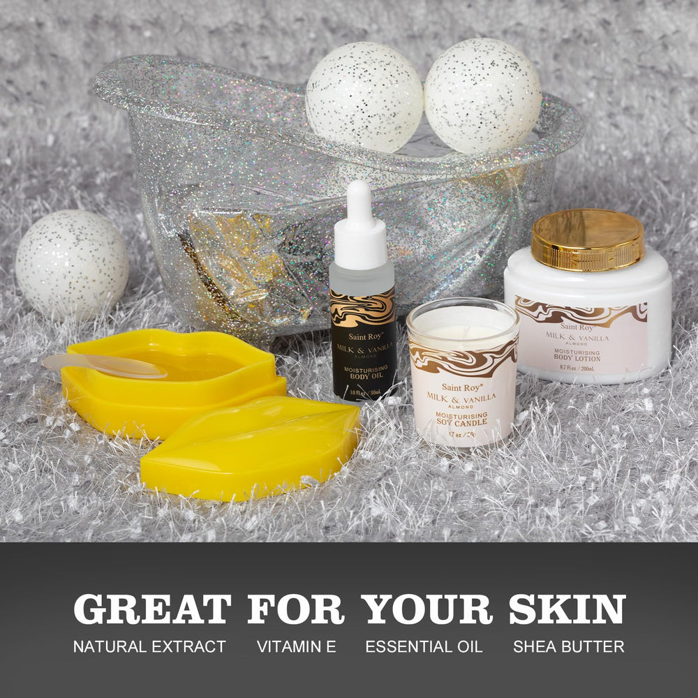 Saint Roy bath bombs and candle arrangement creates cozy self-care vibes.