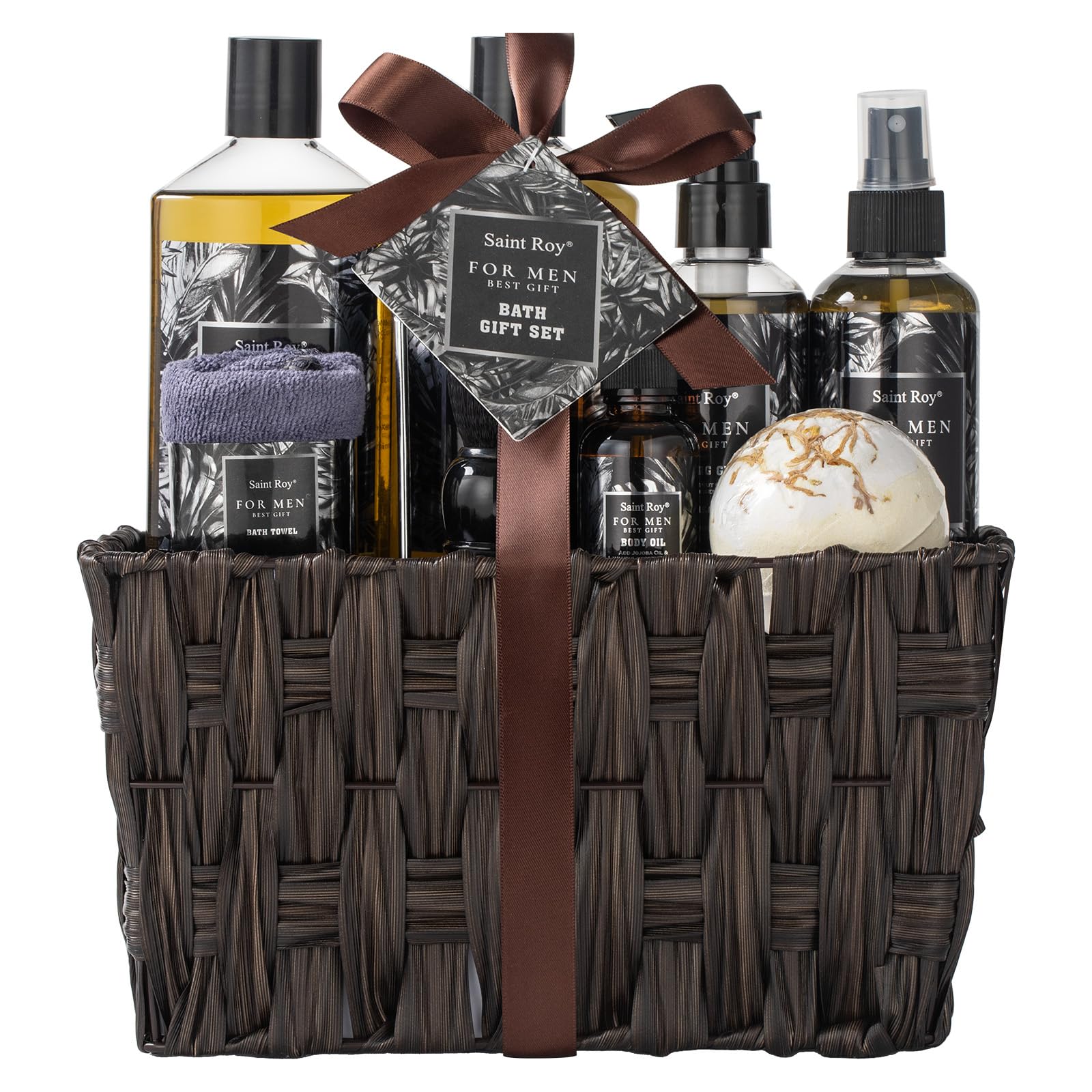 Saint Roy Fathers Bath Gift Set in a reusable basket, ideal for a thoughtful at-home spa moment.