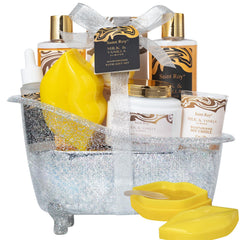 Saint Roy reusable bath tub display emphasizes sustainable packaging and neat organization.