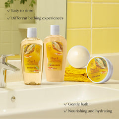 Saint Roy shower gel and scented lotion for a comforting honey almond aroma.
