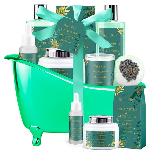 Saint Roy spa gift basket in a reusable tub for at-home pampering.