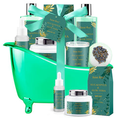 Saint Roy spa gift basket in a reusable tub for at-home pampering.