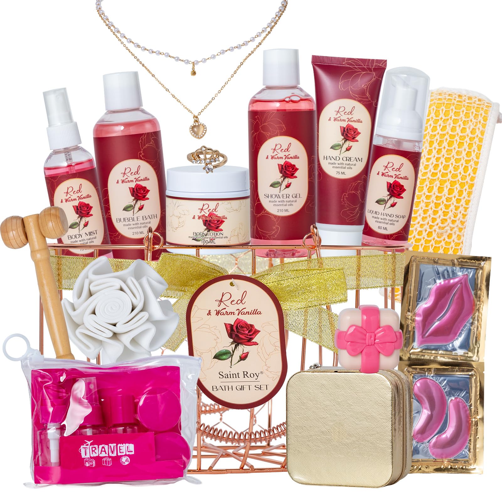 Saint Roy travel bottles and loofah for on-the-go care.