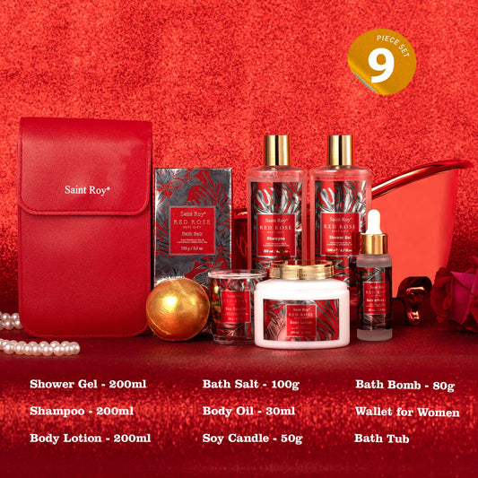 Saint Roy luxury 9-piece spa gift basket showcasing bath products.