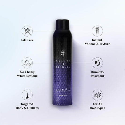 Saints & Sinners Divine Dry Finish Texture Spray mist on hair for easy styling and texture.