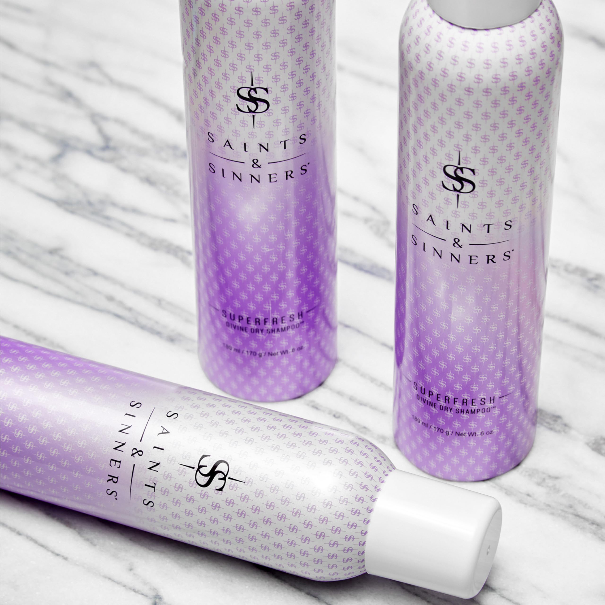 Saints & Sinners Superfresh Divine dry shampoo packaging highlights natural starch and rice protein.