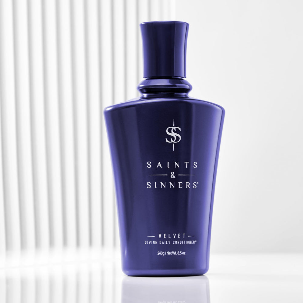 Saints & Sinners Velvet Divine application shown on hair with creamy smoothing texture.