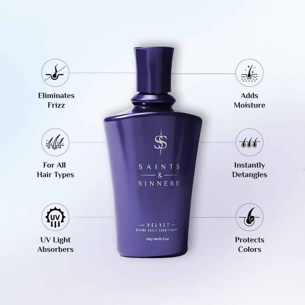 Saints & Sinners Velvet Divine conditioner pump enables easy application and detangling.
