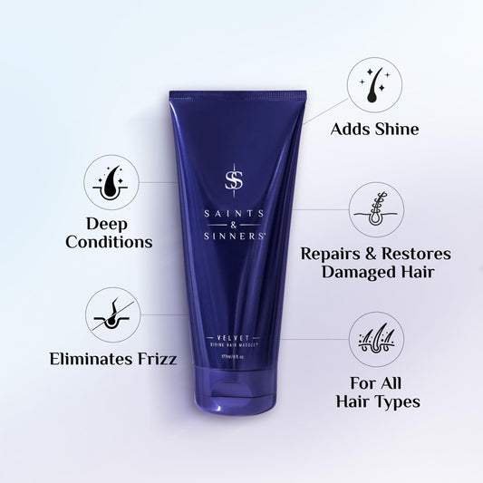 Velvet Divine masque application shows smooth hydration on hair.