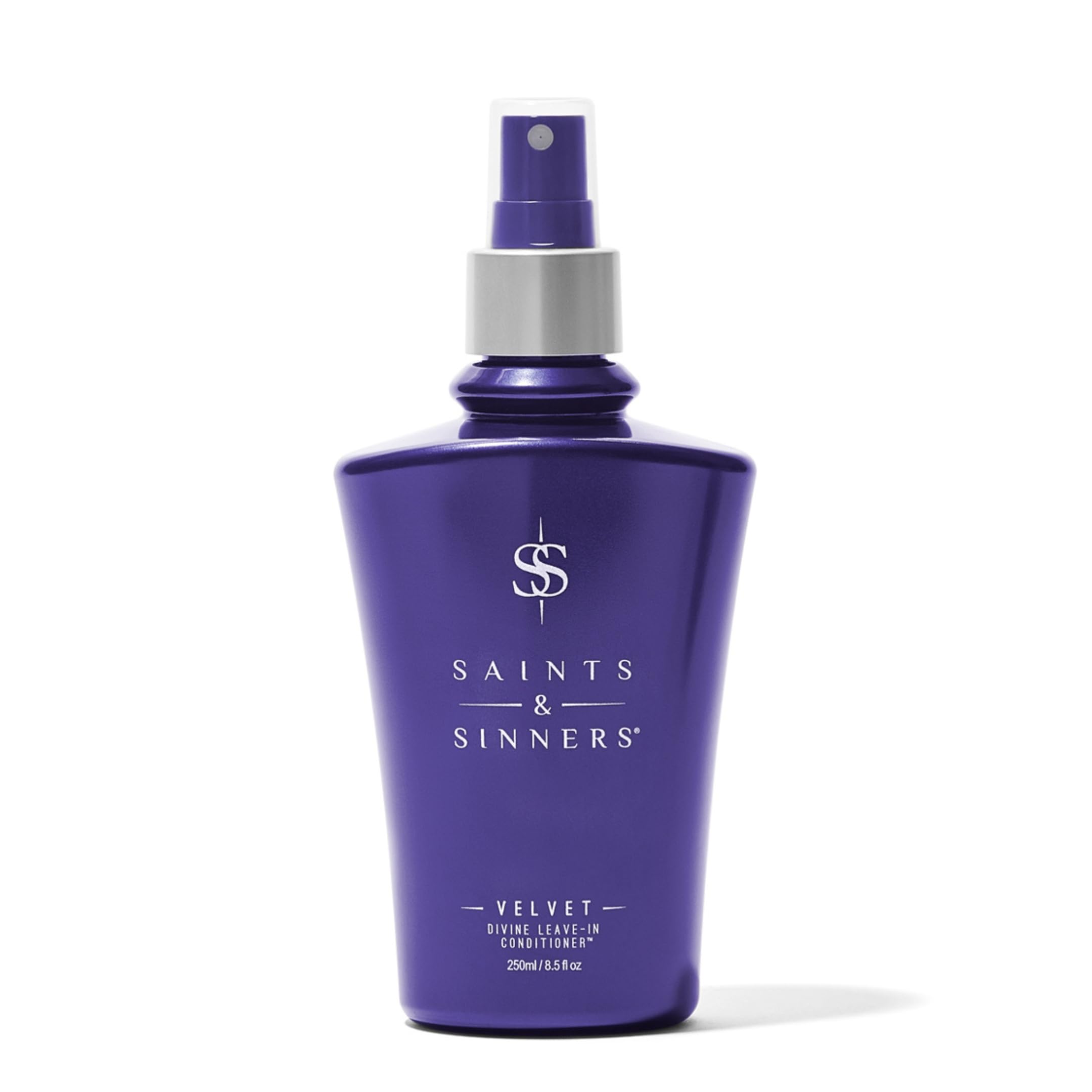 Saints & Sinners Velvet Divine Leave-In Spray bottle for easy detangling and shine.
