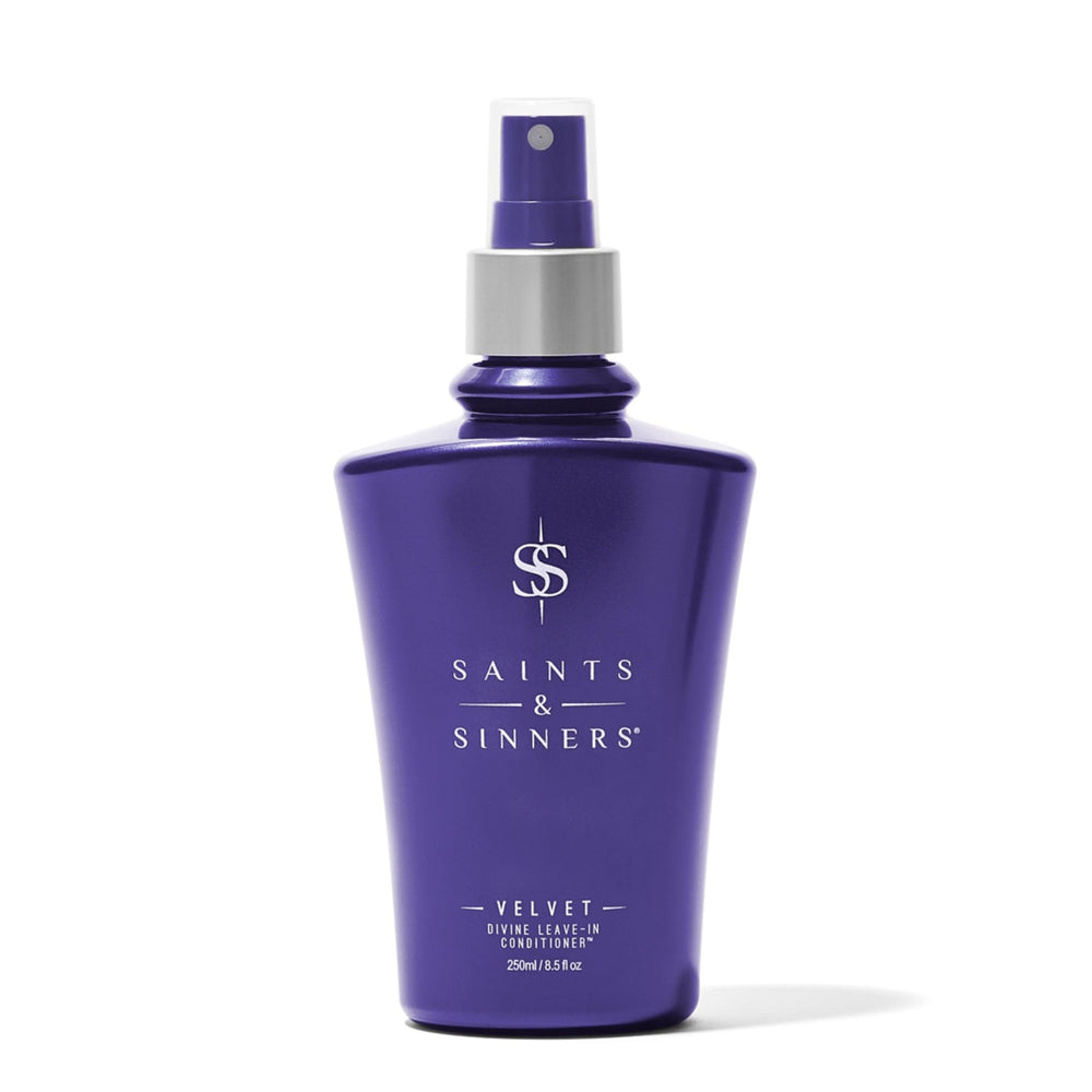 Saints & Sinners Velvet Divine Leave-In Spray bottle for easy detangling and shine.