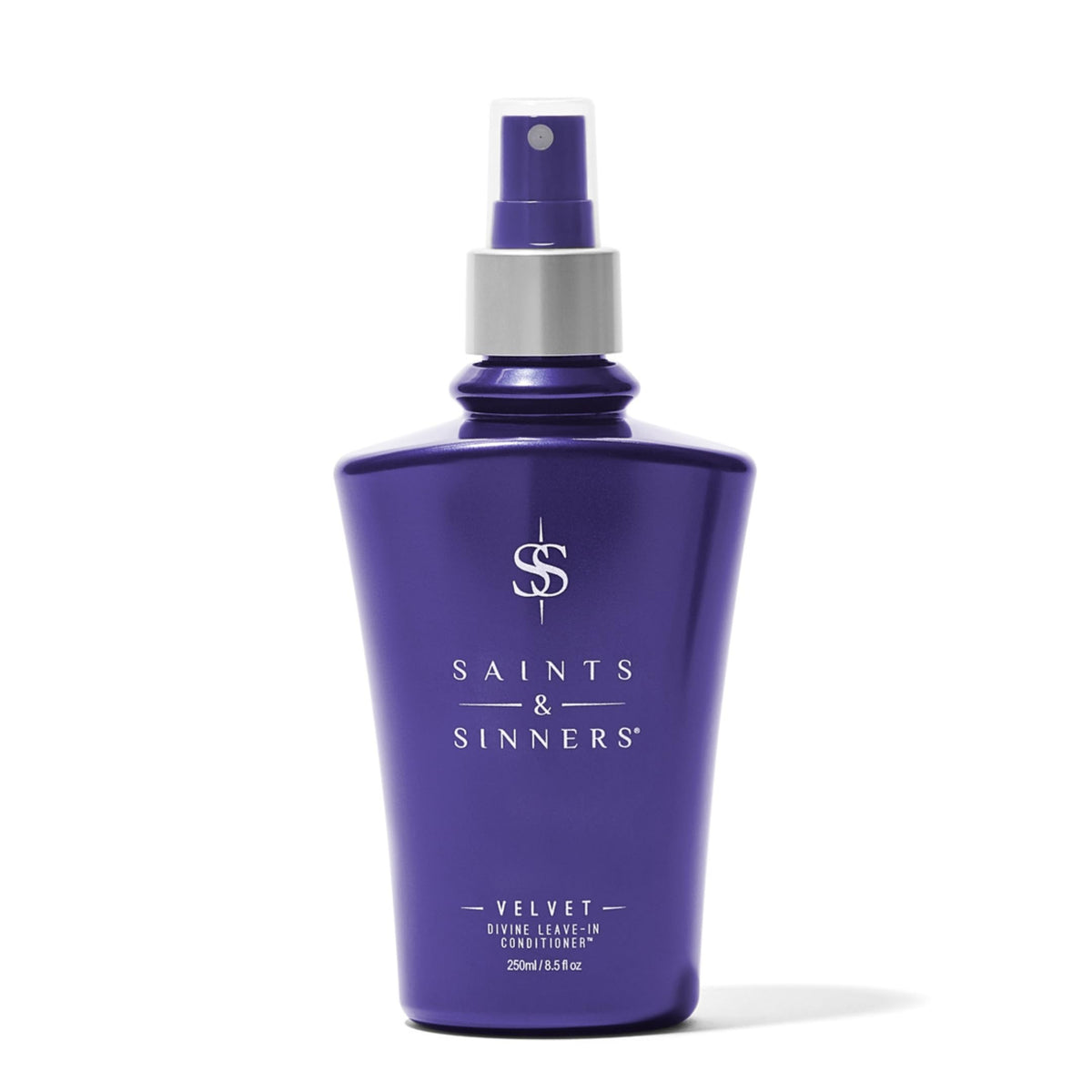 Saints & Sinners Velvet Divine Leave-In Spray bottle for easy detangling and shine.