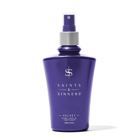 Saints & Sinners Velvet Divine Leave-In Spray bottle for easy detangling and shine.