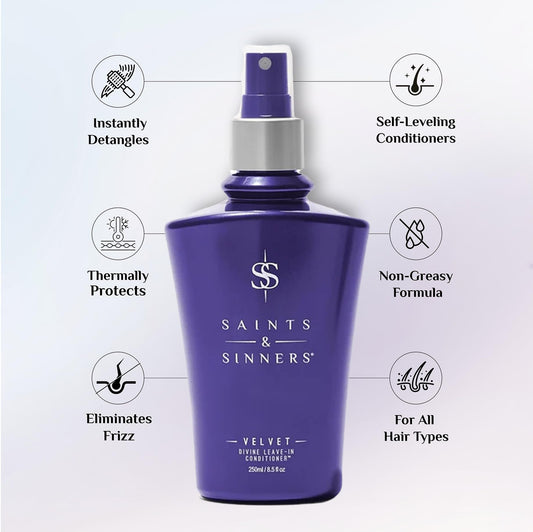 Saints & Sinners Velvet Divine Leave-In Spray mist delivers lightweight moisture and frizz control.