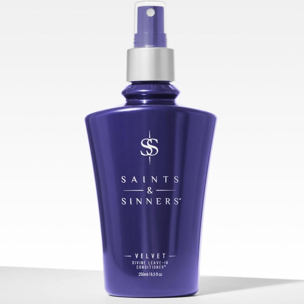 Saints & Sinners Velvet Divine packaging highlights premium, clean ingredients for hair care.
