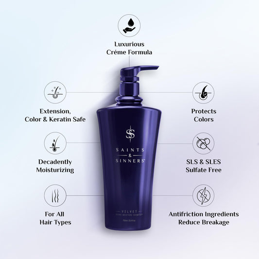 Saints & Sinners Velvet Divine Shampoo pour shows gentle cleansing for frizzy, chemically treated hair.