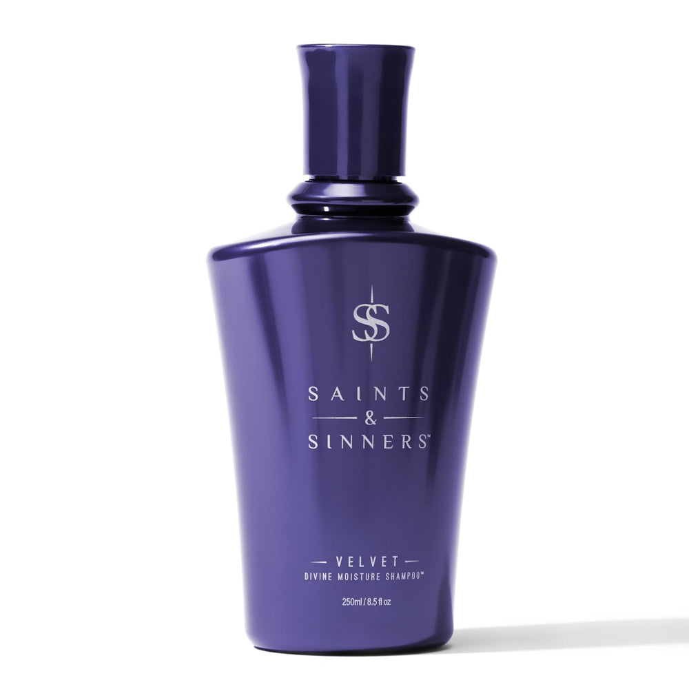 Saints & Sinners Velvet Divine Shampoo bottle showing rich moisture through luxurious lather