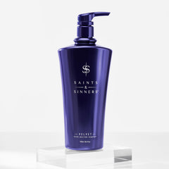 Saints & Sinners Velvet Divine Shampoo ingredients graphic emphasizes glycerin and vitamin C for shine.