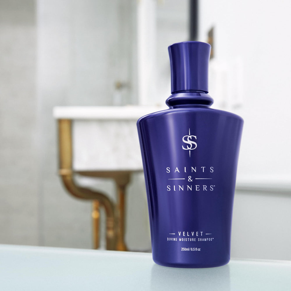 Packaging of Saints & Sinners Velvet Divine Shampoo showing vegan, cruelty-free credentials