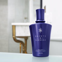 Packaging of Saints & Sinners Velvet Divine Shampoo showing vegan, cruelty-free credentials